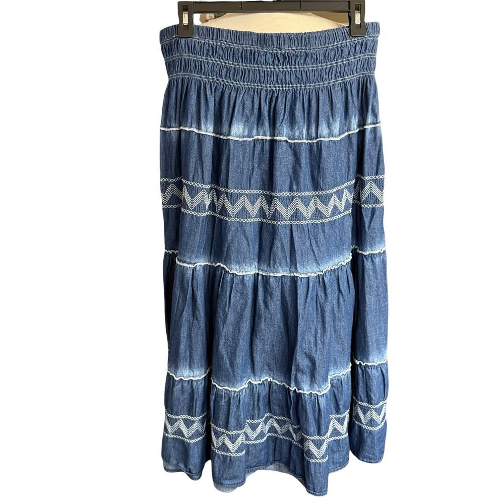 Indigo And Lace Peasant Tiered Skirt Denimlike Chambray XL Bohemian Boho